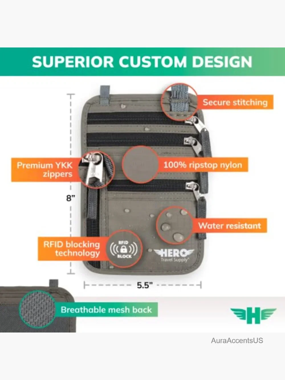 RFID Blocking Travel Neck Wallet, Passport Holder, Adjustable Strap, Nylon,